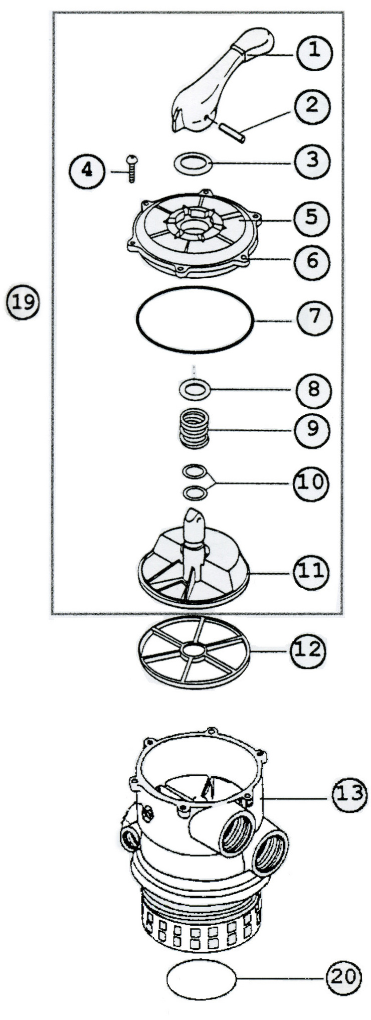 Waterco / Baker Hydro Multiport-Top-Mount-Valve-Parts replacement parts